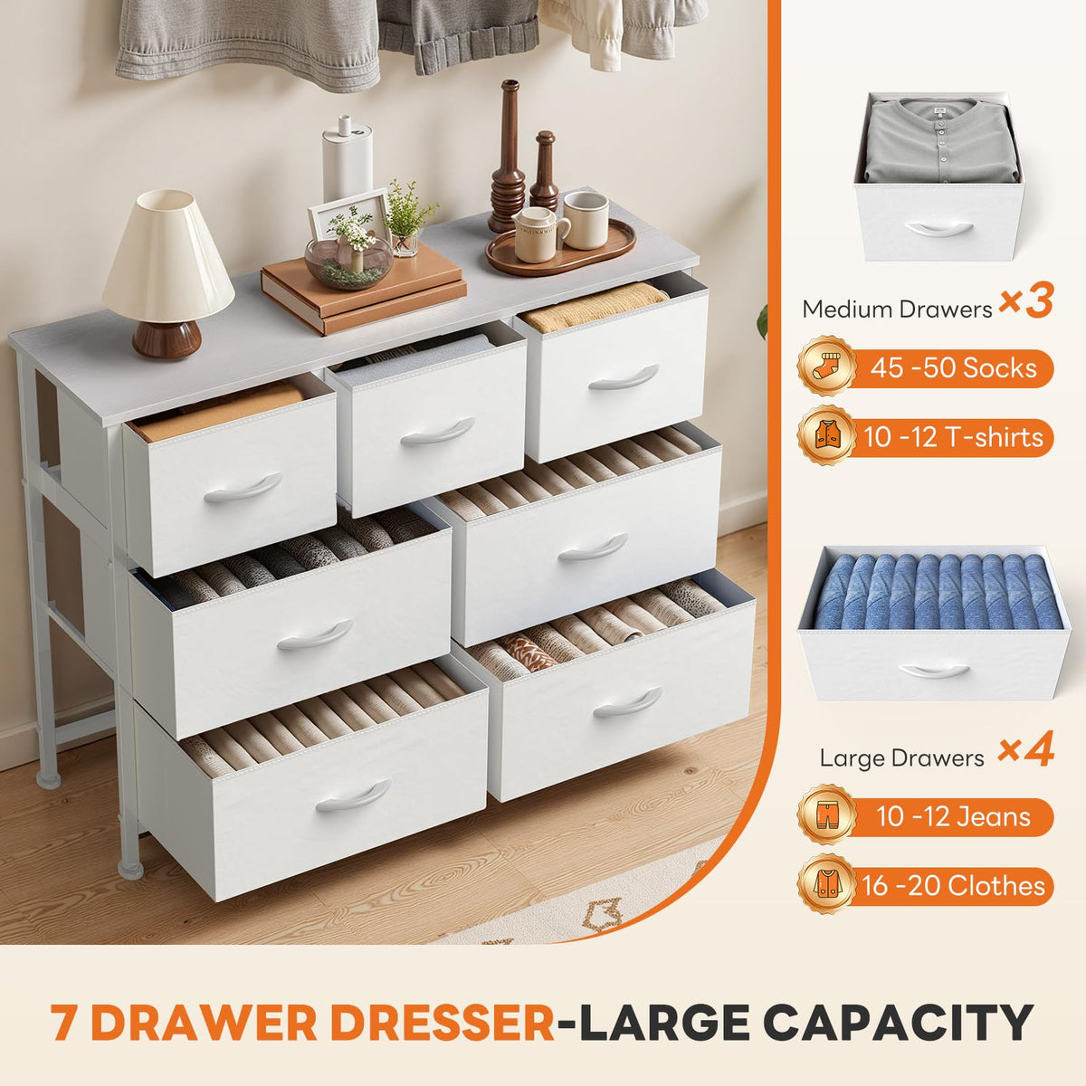 Sweetcrispy 7 Drawer Dresser for Bedroom Storage with Fabric Bins, White