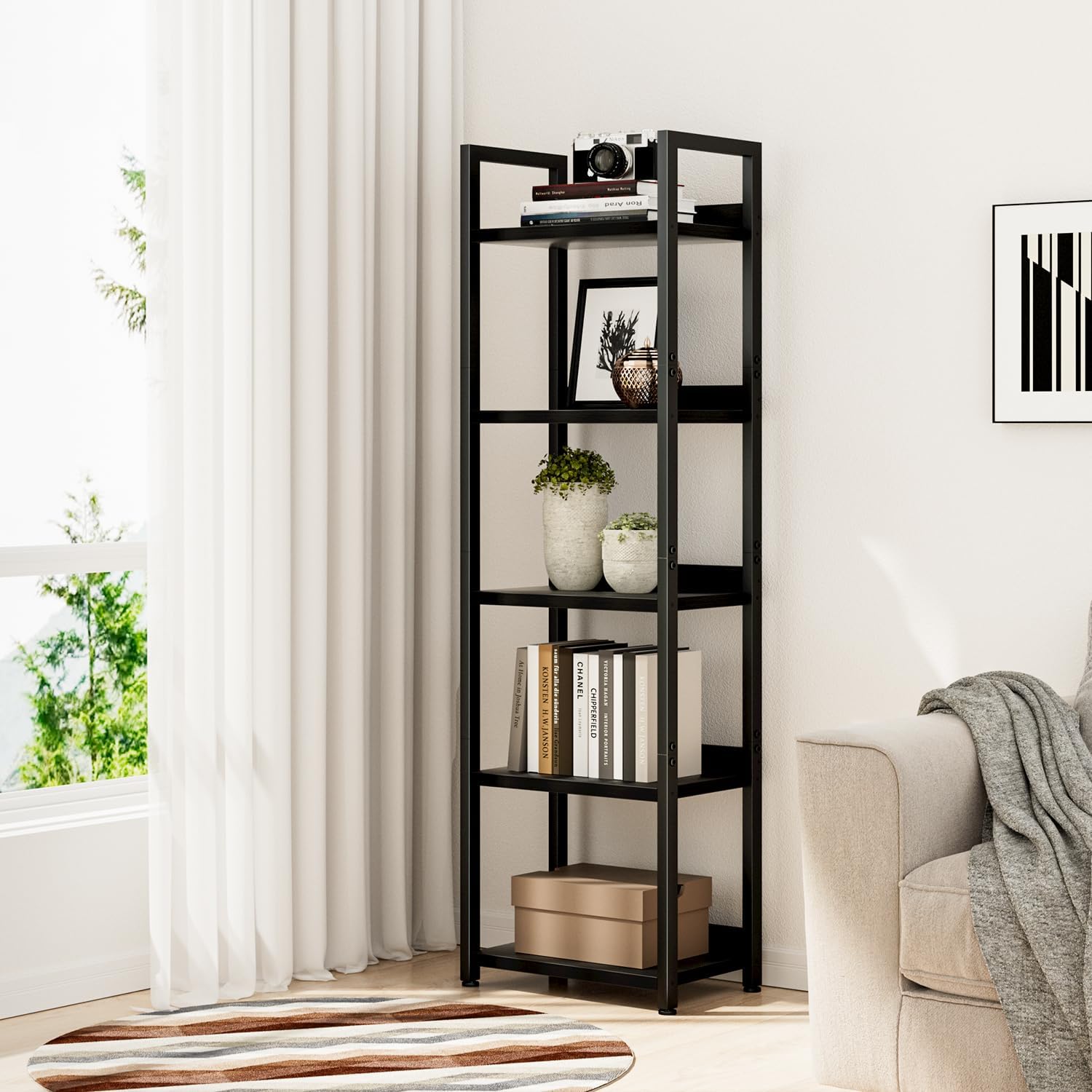 NUMENN Narrow Bookshelf, 5 Tier Bookshelves, Home Office Bookcase Shelf Storage Organizer, Free