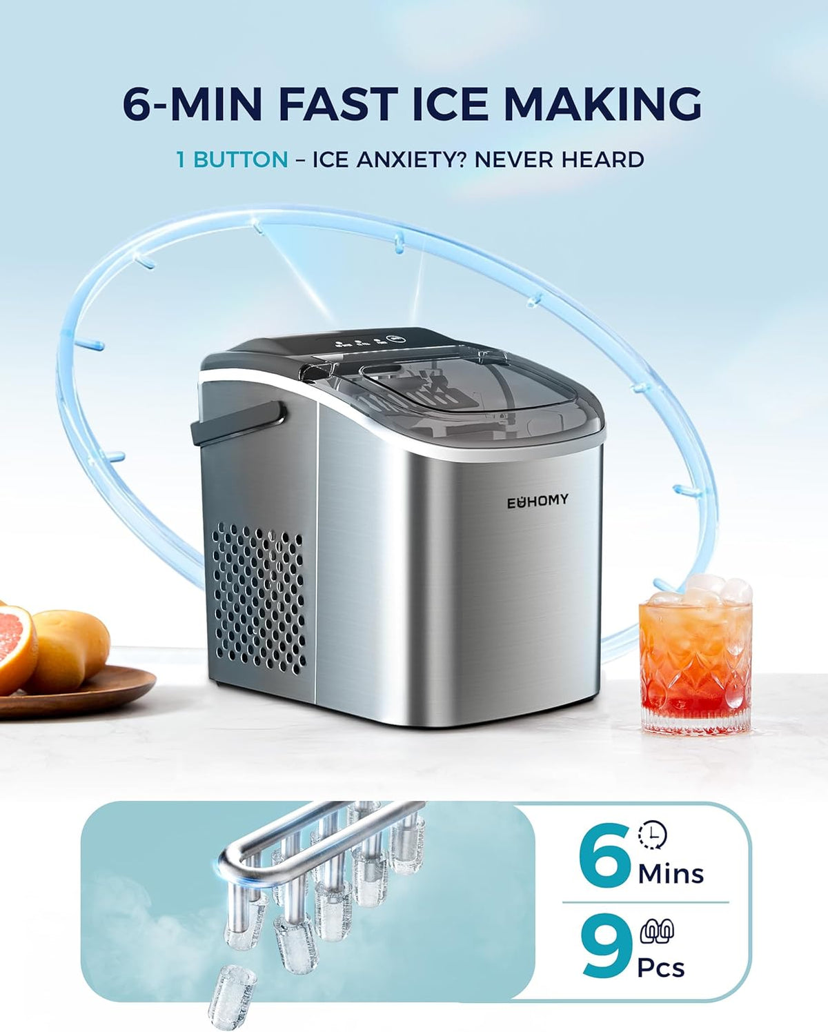 EUHOMY Countertop Ice Maker Machine with Handle, 26lbs Per Day, 9 Ice Cubes Ready in 6 Mins