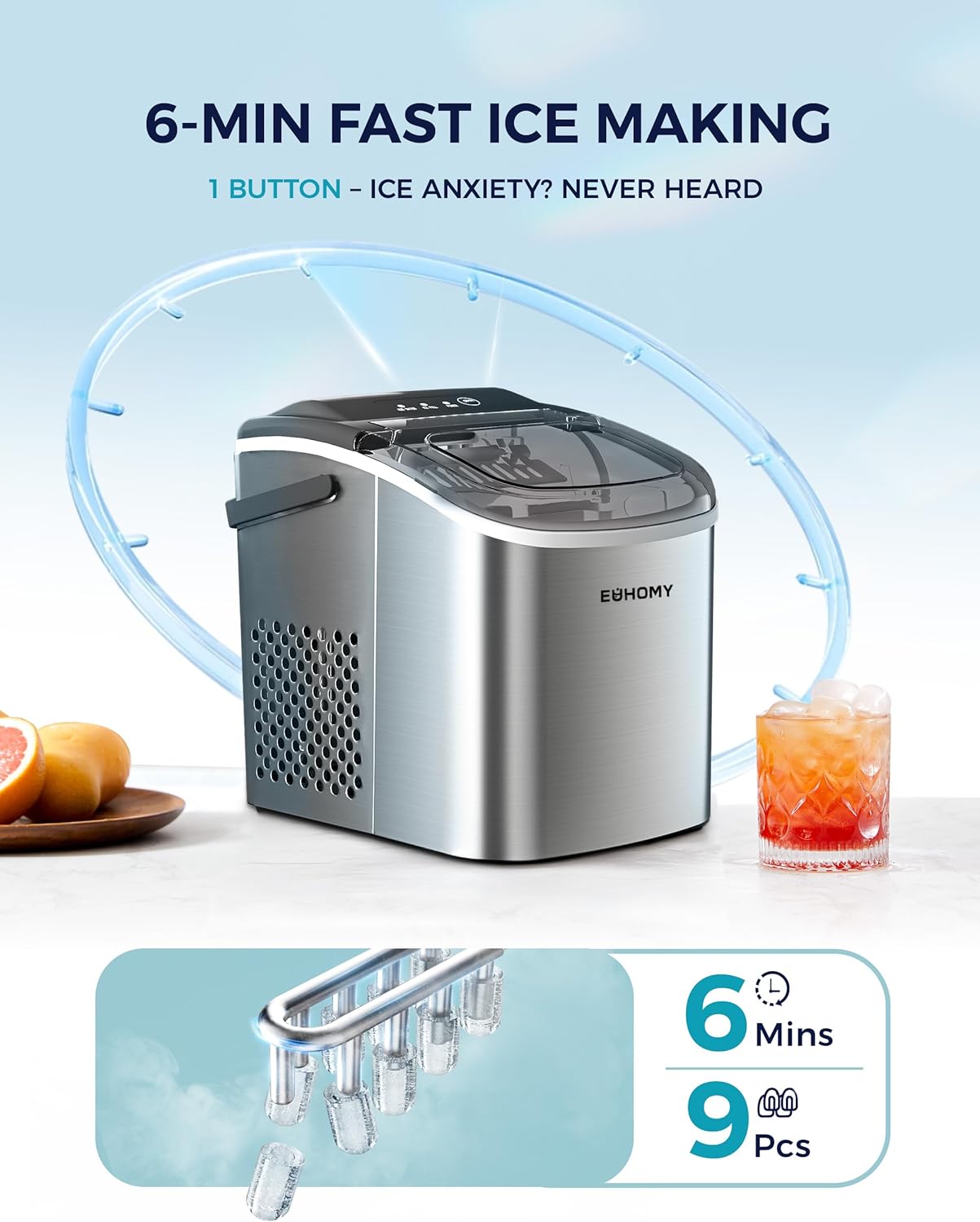 EUHOMY Countertop Ice Maker Machine with Handle, 26lbs Per Day, 9 Ice Cubes Ready in 6 Mins