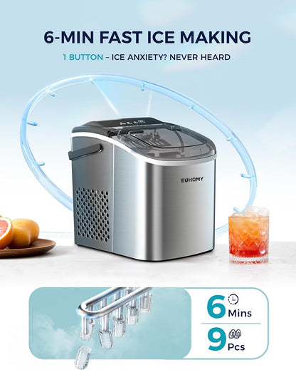 EUHOMY Countertop Ice Maker Machine with Handle, 26lbs Per Day, 9 Ice Cubes Ready in 6 Mins