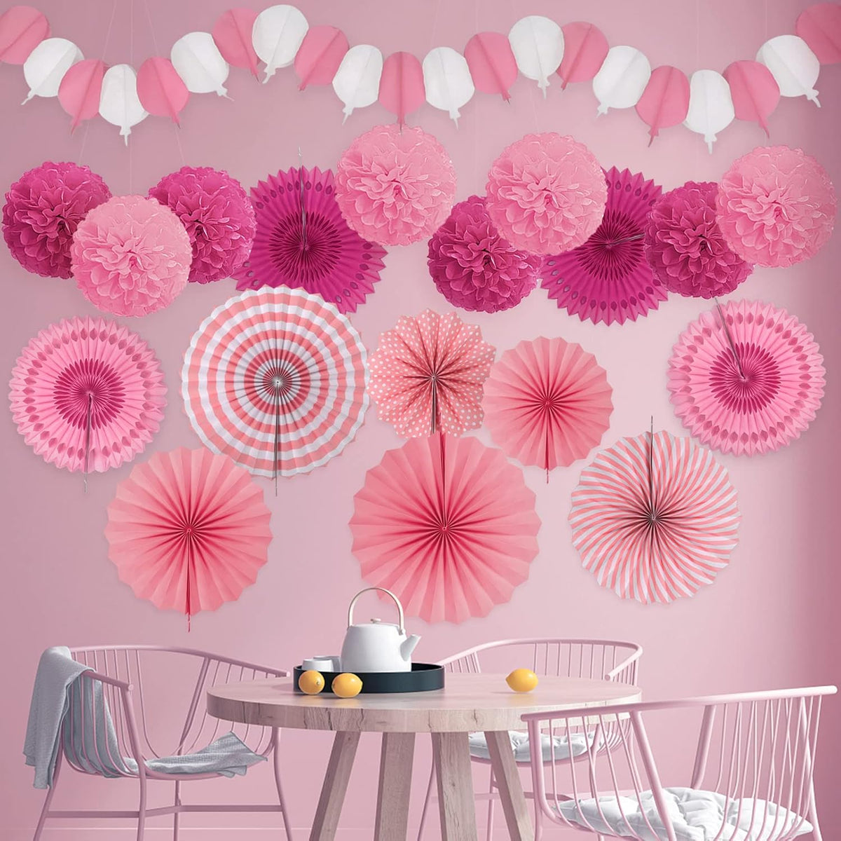 Party Decorations, Pink Papar Fans Pompoms Garlands for Women Girls Mothers Day Bachelorette
