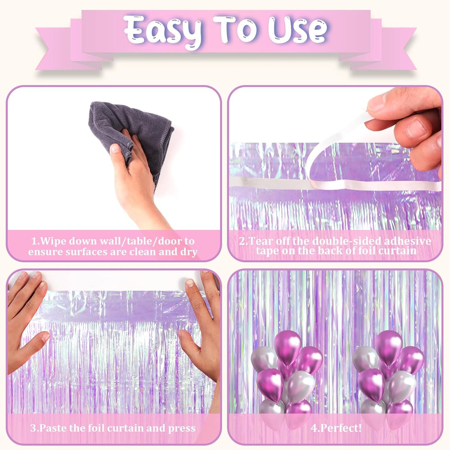 Iridescent Party Backdrop 3Packs, Transparent Tinsel Foil Fringe Curtain Streamers for Girls