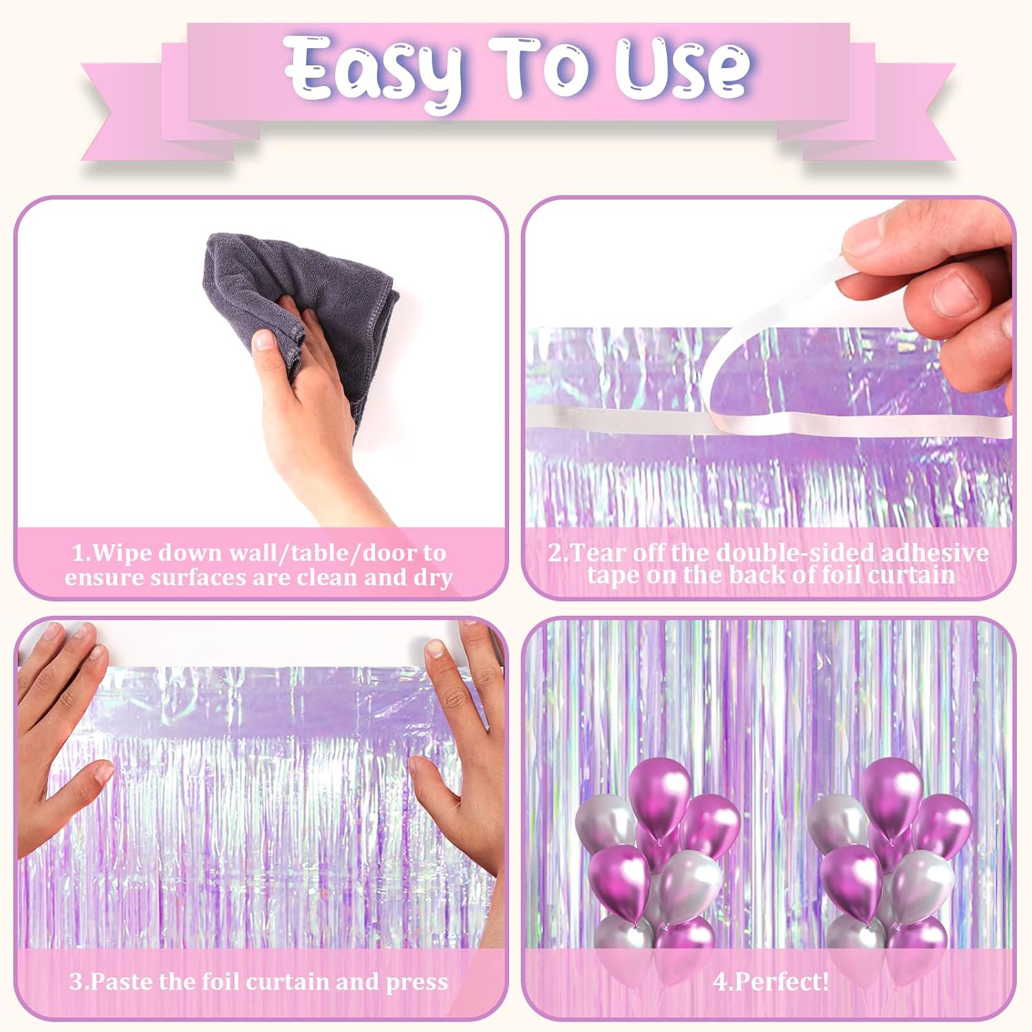 Iridescent Party Backdrop 3Packs, Transparent Tinsel Foil Fringe Curtain Streamers for Girls