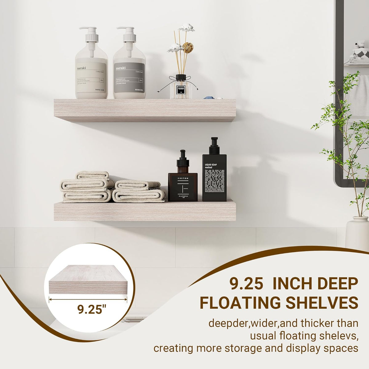 16 Inch Floating Shelves, 3D Textured Wood Grain, 16"x9.25"x1.5" Inch Deep Floating Shelves for