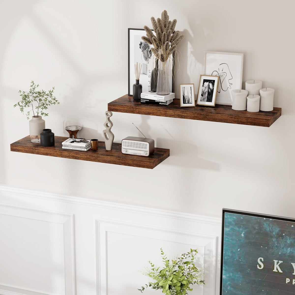 Fun Memories Rustic Wood Floating Shelves for Wall, 36 x 9 Wall Shelves Set of 2, Deep Floating