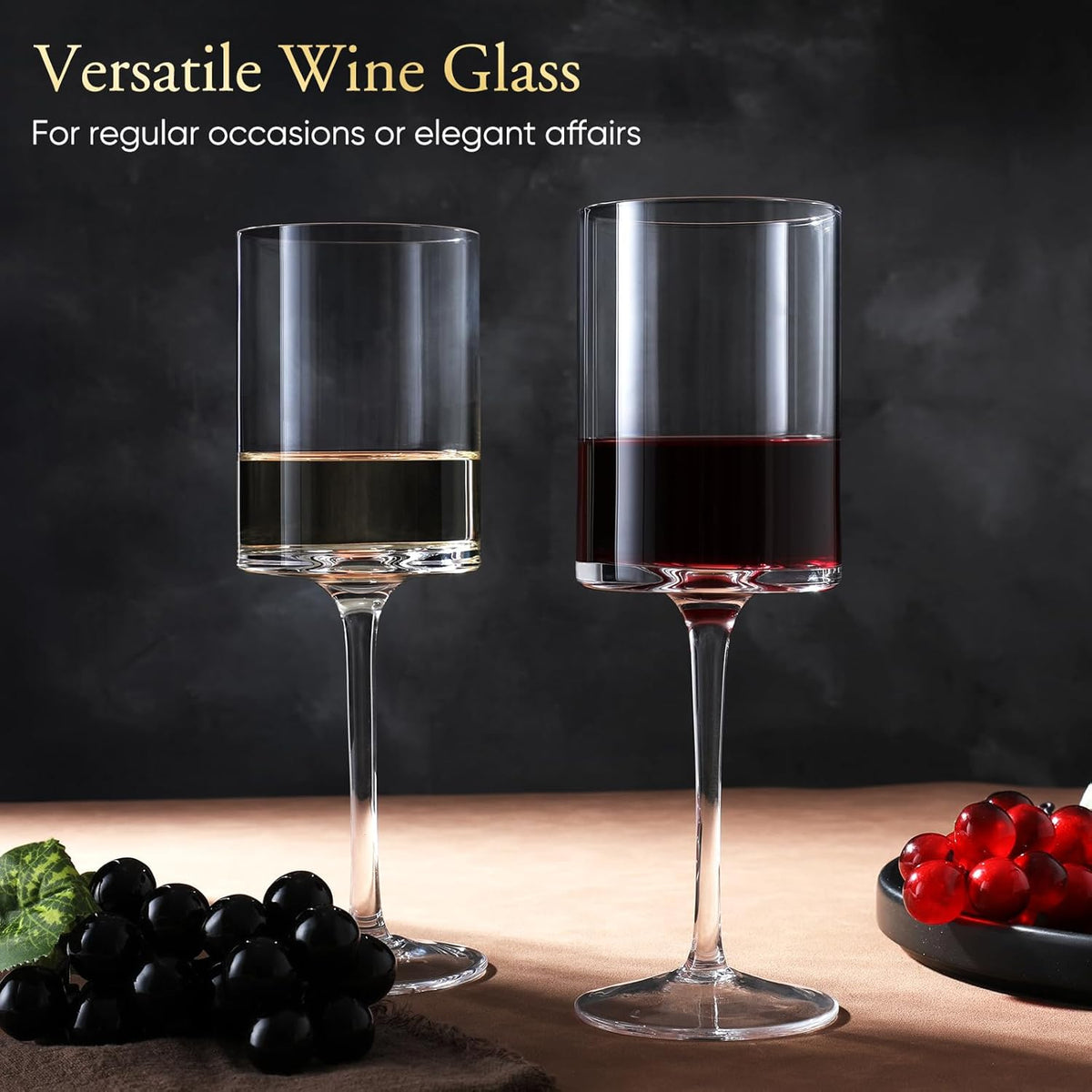 Premium Crystal Wine Glasses - Hand Blown, Thin Rim, Long Stem, Square Unique Design - Set of 4