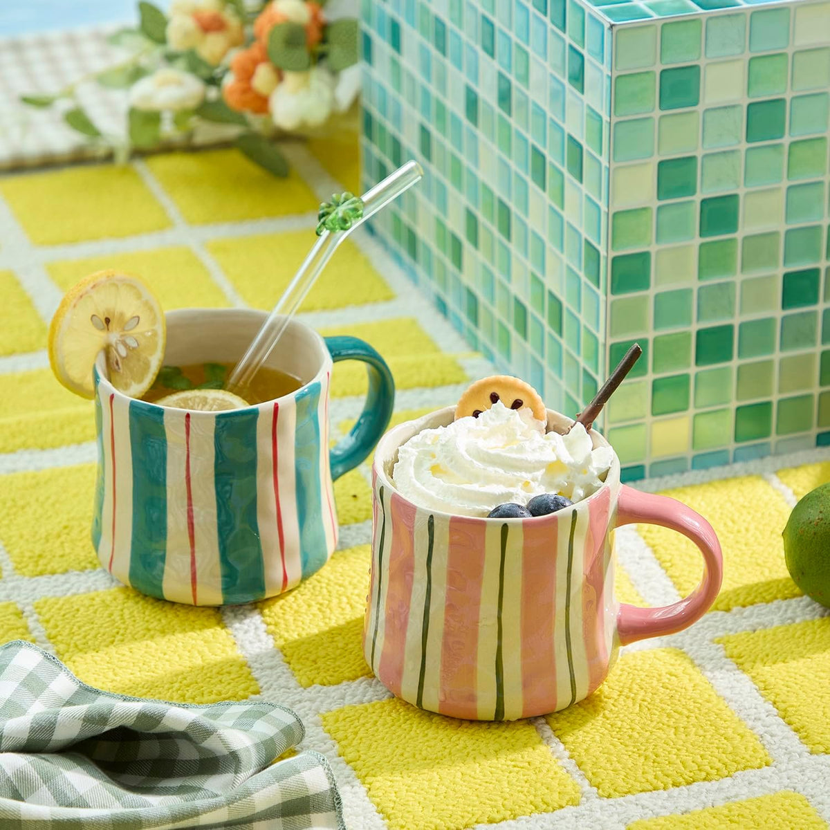 Striped Ceramic Coffee Mugs Set - 2 Pack, Pink & Green，Perfect for Morning Brew or Tea and Cocoa