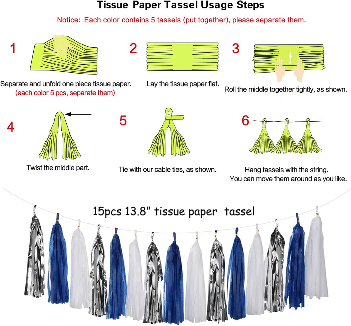 Navy-Blue White-Silver Tassel Garland Streamers - 15pcs Party Decorations Tissue Paper Tassels