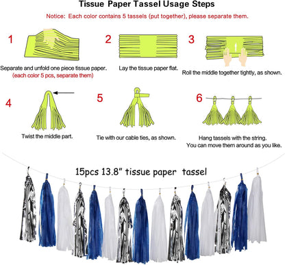 Navy-Blue White-Silver Tassel Garland Streamers - 15pcs Party Decorations Tissue Paper Tassels