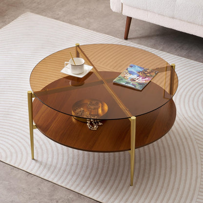 Extra Large Round Coffee Table, Mid-Century Modern Design, D34 x H17 in, for Living Room, 2-Tier
