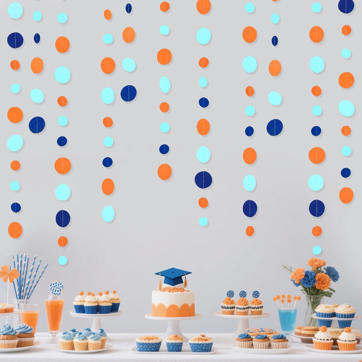 46 Ft Navy Blue Orange and Teal Circle Dots Garland Royal Blue Orange Aqua Polka Dot Hanging Paper