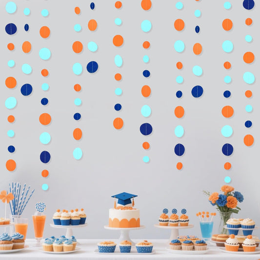 46 Ft Navy Blue Orange and Teal Circle Dots Garland Royal Blue Orange Aqua Polka Dot Hanging Paper