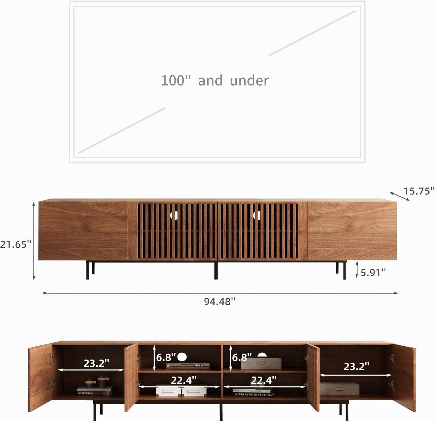 Mid Century Modern TV Stand for 80+ Inch TVs, 94.48" Walnut Console with Ample Storage – Stylish