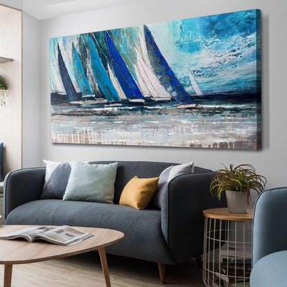 Arjun Blue Abstract Wall Art Canvas Teal Ocean Sailboat Picture Modern Turquoise Coastal Nautical