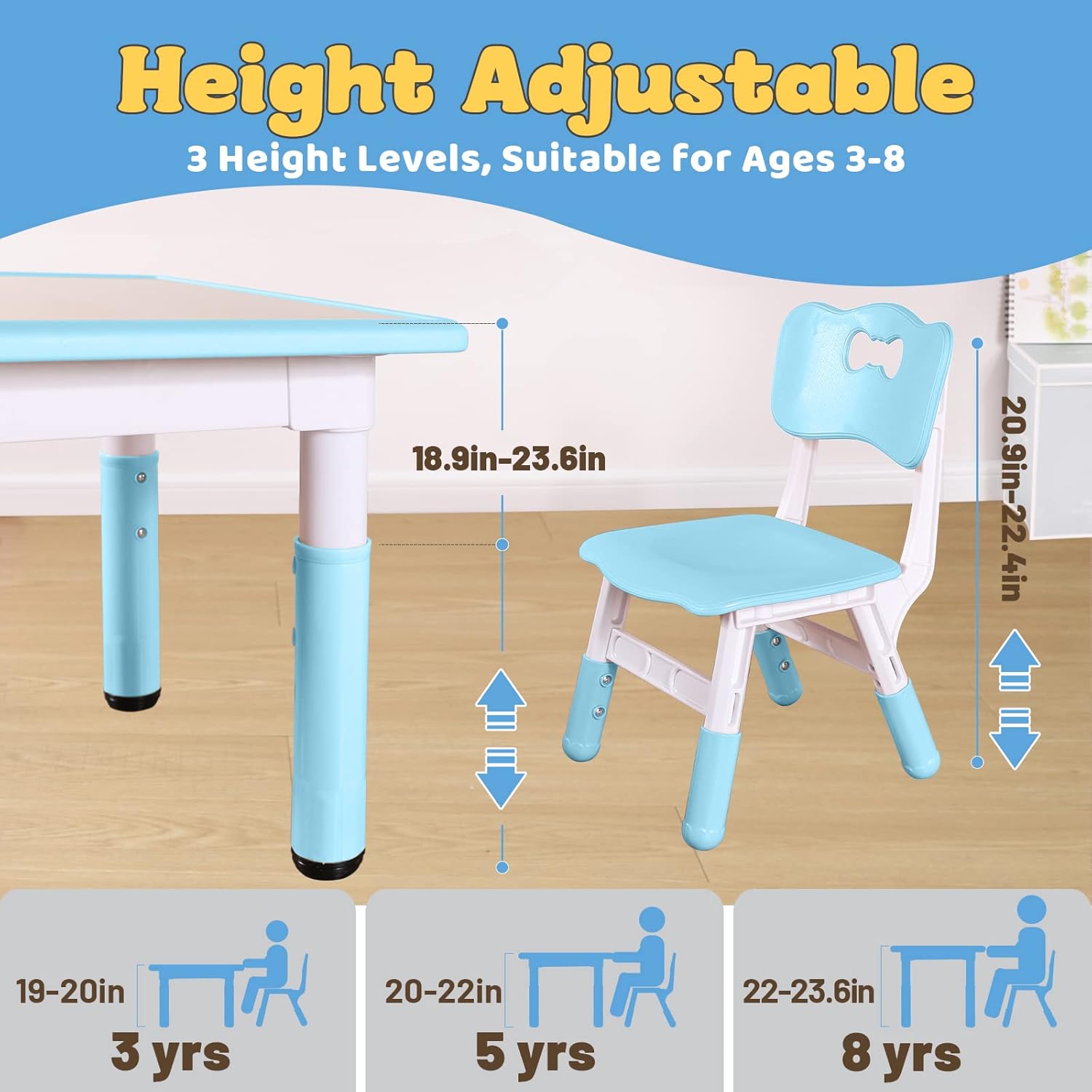 FUNLIO Kids Table and 4 Chairs Set, Height Adjustable Toddler Table and Chair Set for Ages 3-8