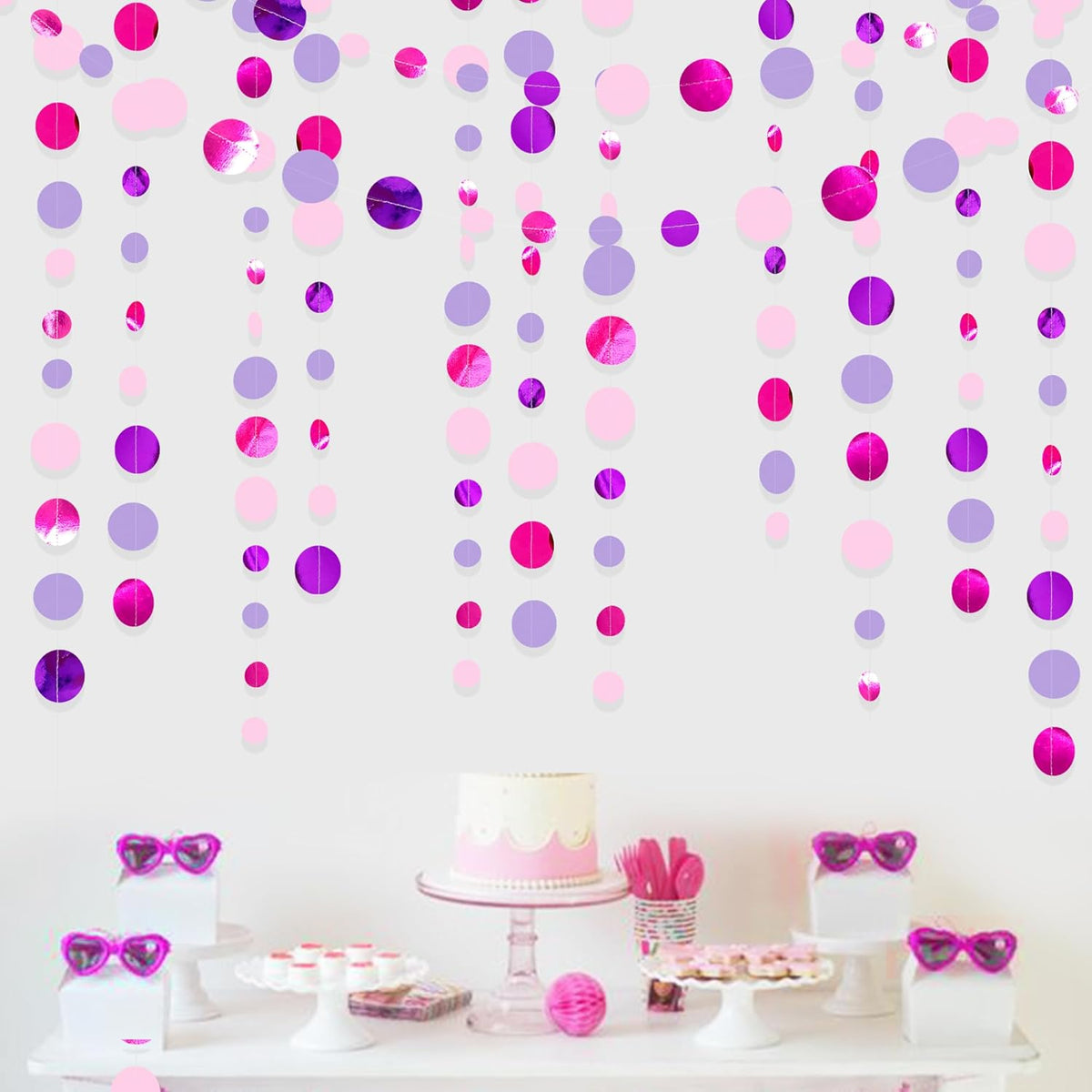 Pink and Purple Party Decorations Circle Dots Garland Hot Pink Lavender Hanging Polka Dot Streamer