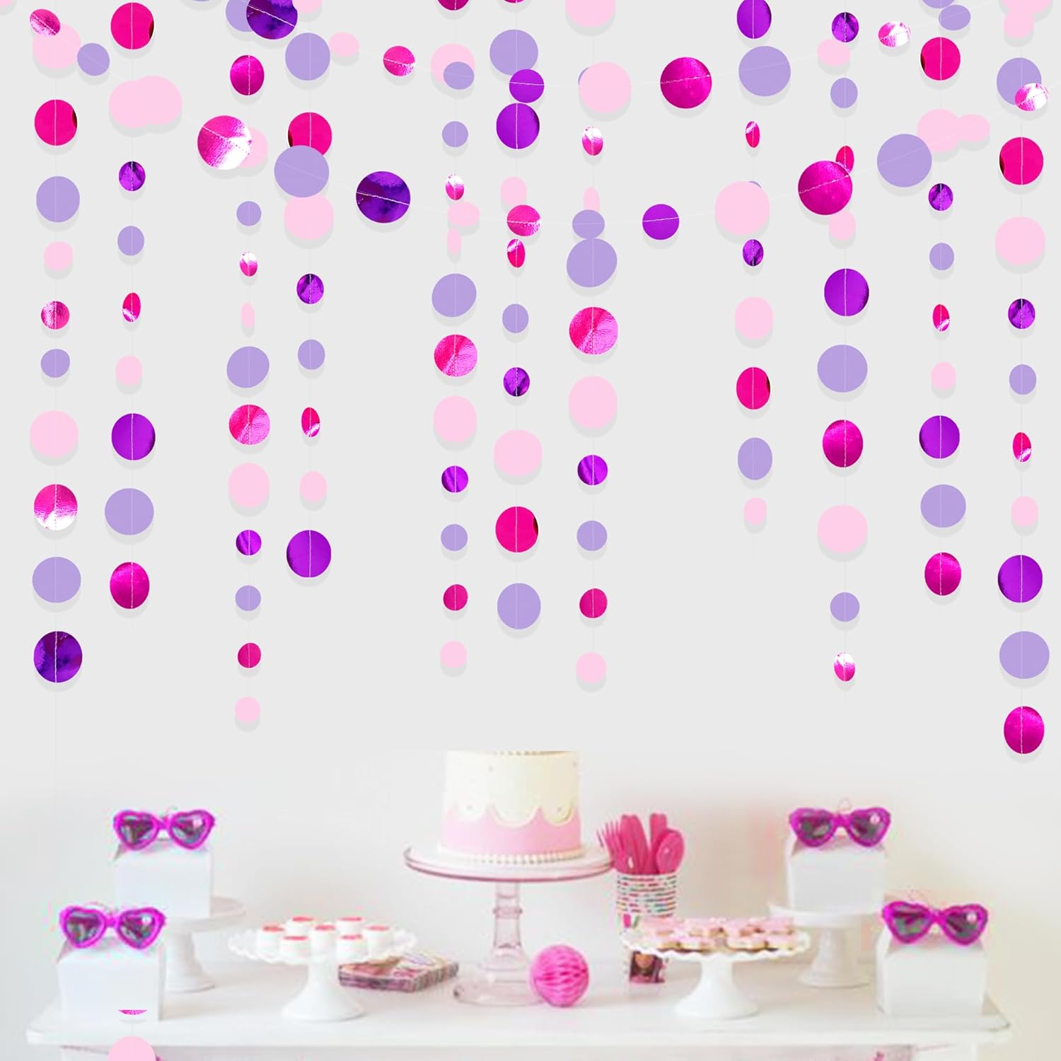 Pink and Purple Party Decorations Circle Dots Garland Hot Pink Lavender Hanging Polka Dot Streamer