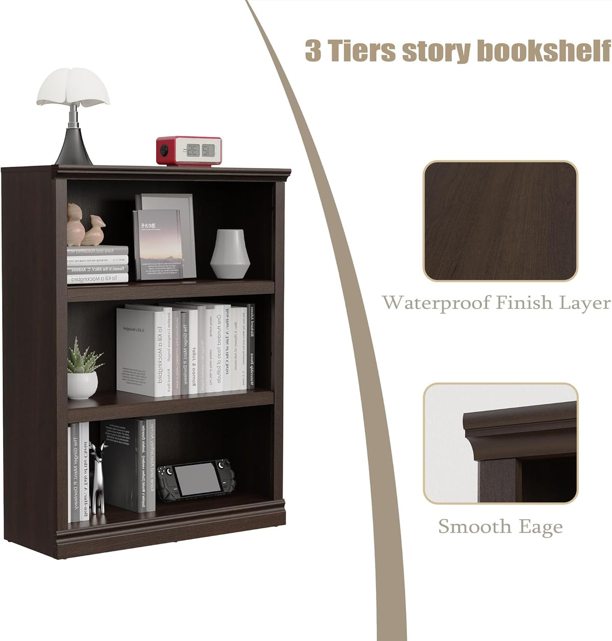 43 in Tall Bookcase, 3-Tier Bookshelf Open Storage, 33 inch Wide Floor Standing Indoor Furniture
