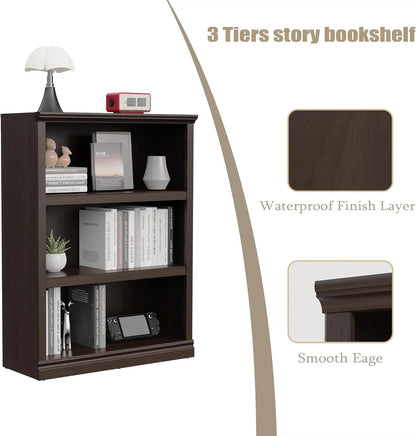 43 in Tall Bookcase, 3-Tier Bookshelf Open Storage, 33 inch Wide Floor Standing Indoor Furniture