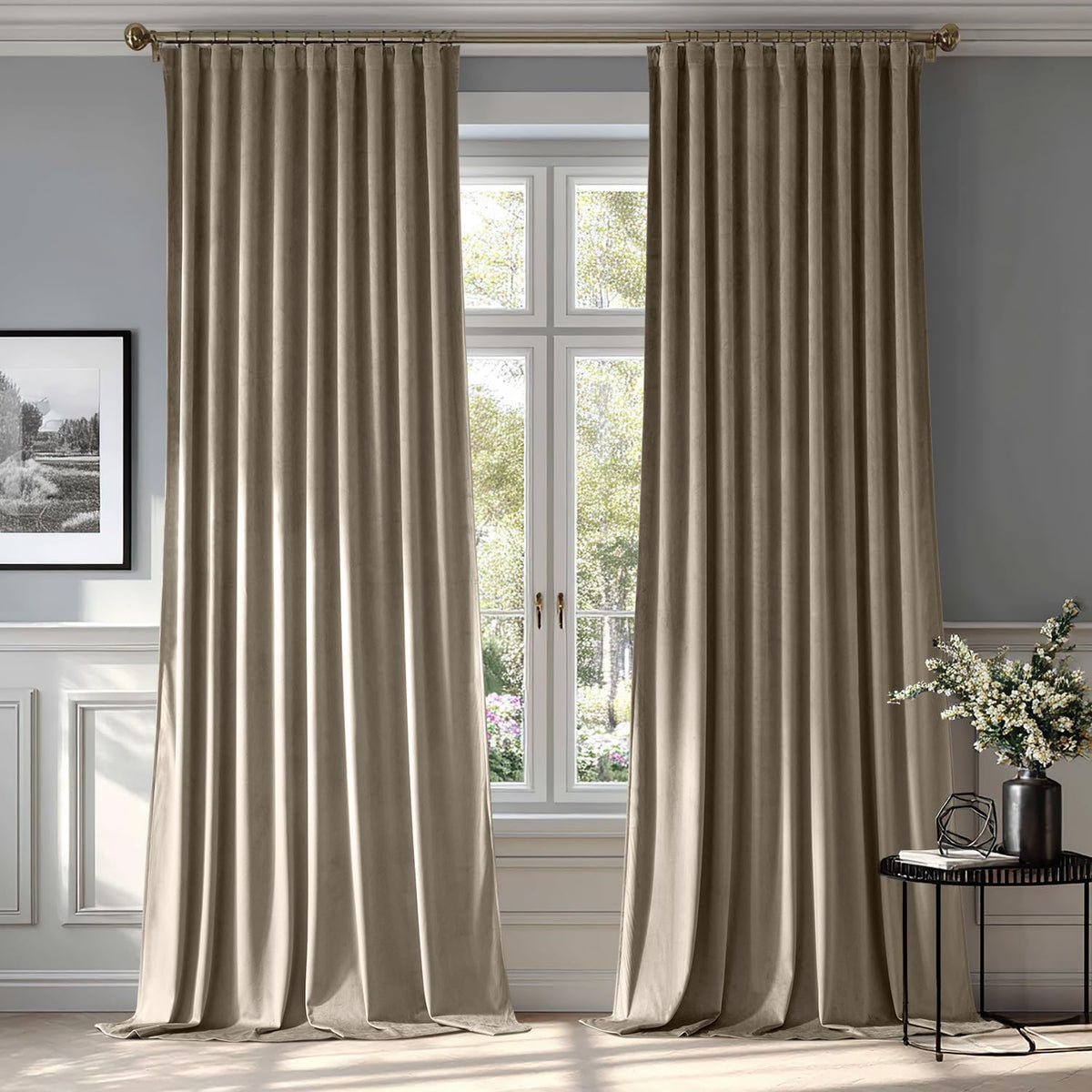 MIULEE Taupe Velvet Curtains 96 inches 2 Panels - Luxury Room Darkening Window Drapes for Bedroom