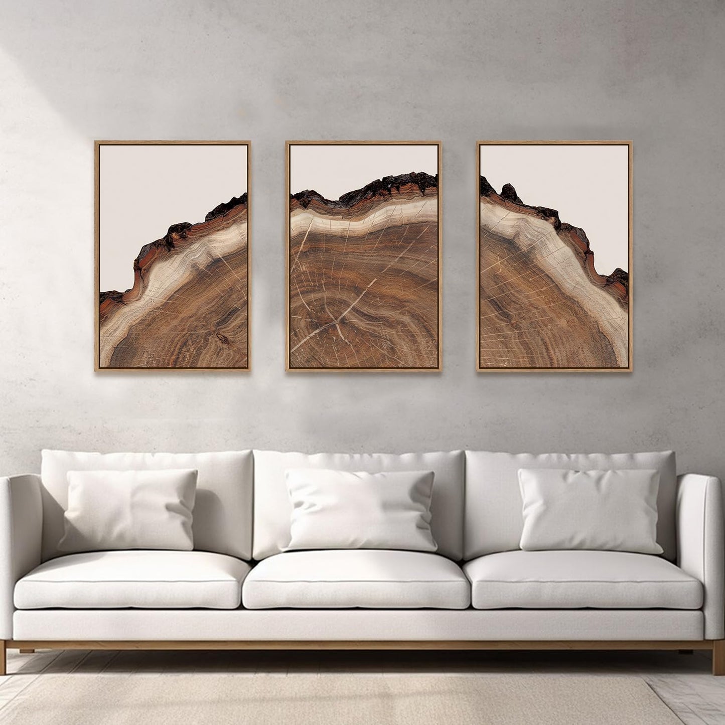HPINUB Framed Tree Rings Wood Wall Art Set, Modern Beige Wood Stump Wall Decor, Abstract Black and