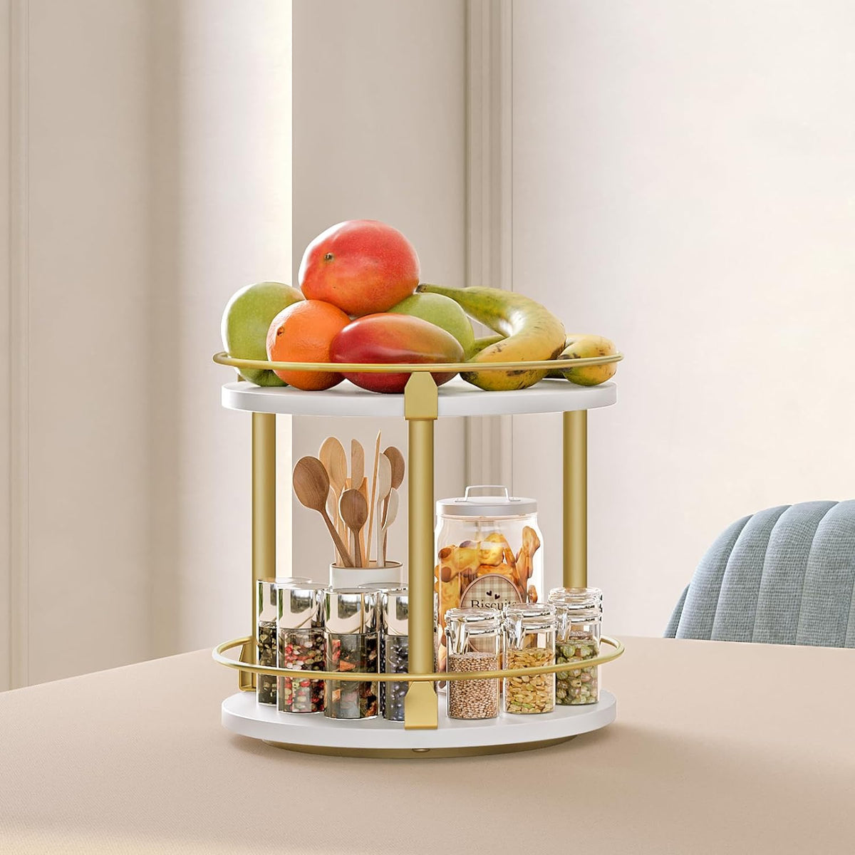 Lazy Susan Organizer, Rotating Spice Rack, 2 Tier Spice Turntable Organizer, Industrial Turntable