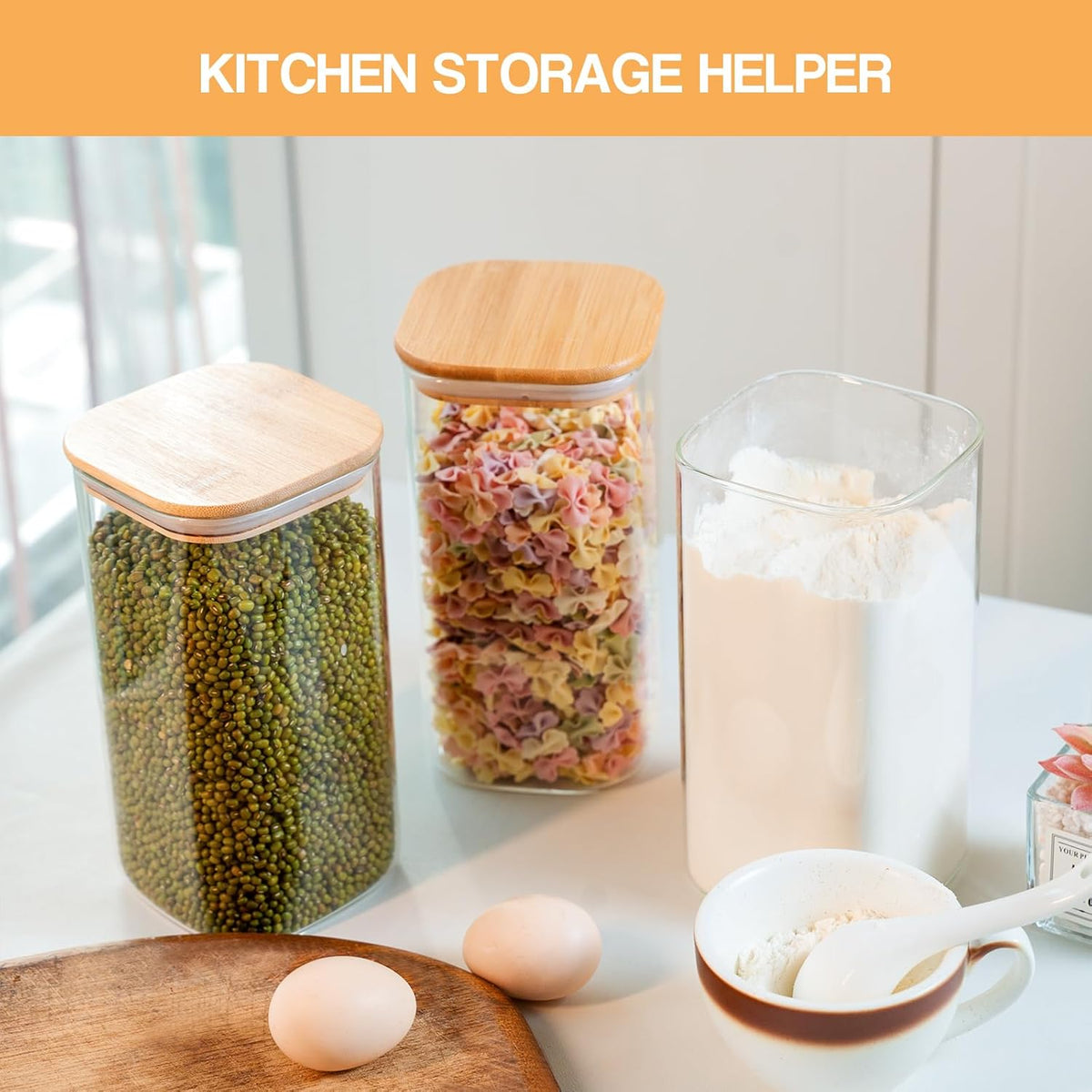 Glass Storage Jars 6 Pack -50oz (10cmx20cm)Clear Glass Food Storage Containers with Airtight Bamboo