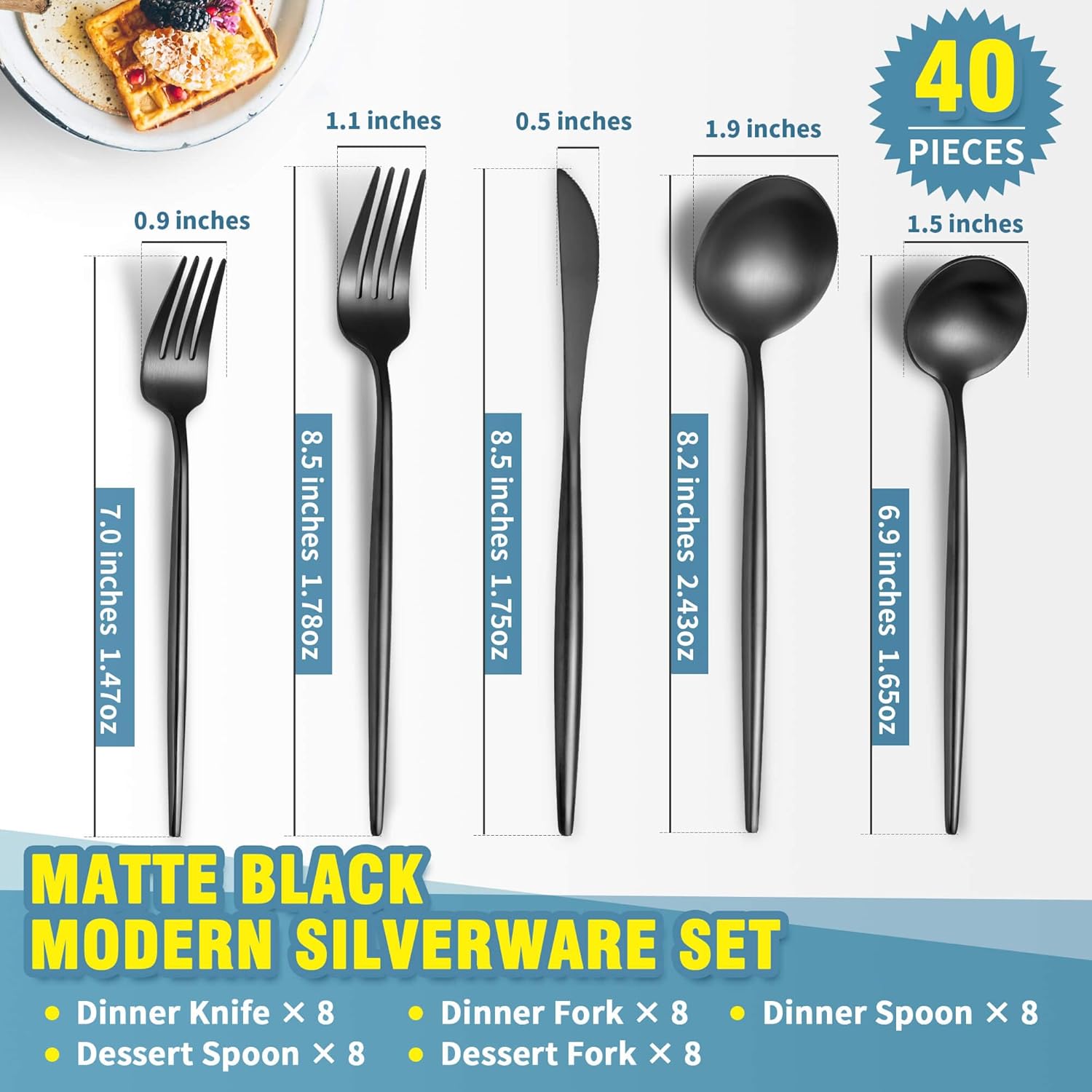 Matte Black Silverware Set for 8,Modern Stainless Steel Brushed Cutlery Set,40-Pieces Heavy Duty