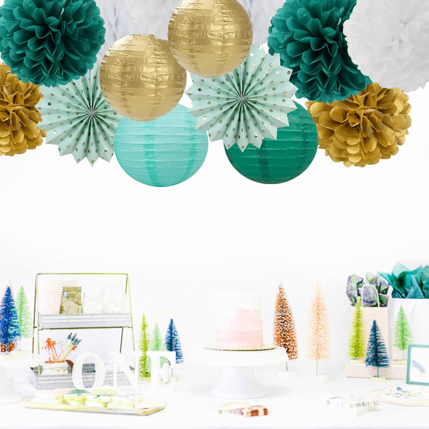 Sage-Green Teal-Gold Baby-Shower Party Decorations - 14pcs Rustic Wedding Paper Lanterns Fan,Tissue