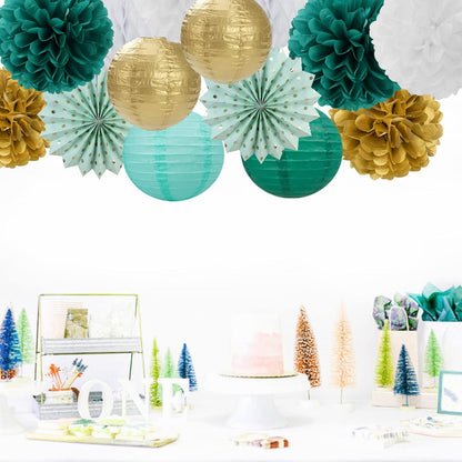 Sage-Green Teal-Gold Baby-Shower Party Decorations - 14pcs Rustic Wedding Paper Lanterns Fan,Tissue