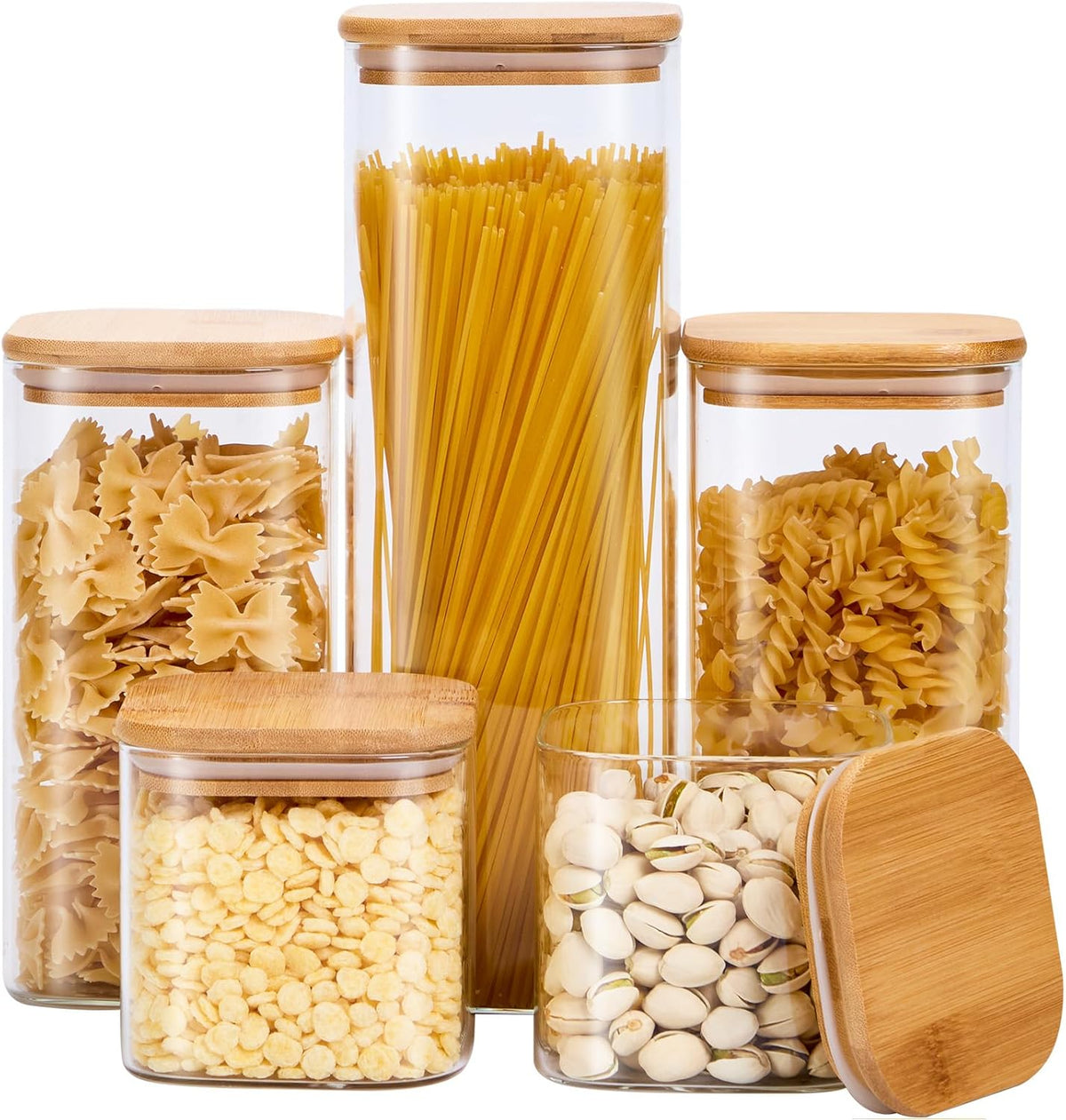 Square Glass Food Storage Jars with Lids[Set of 5], Perfect for Pasta, Cookies, Nuts, Coffee