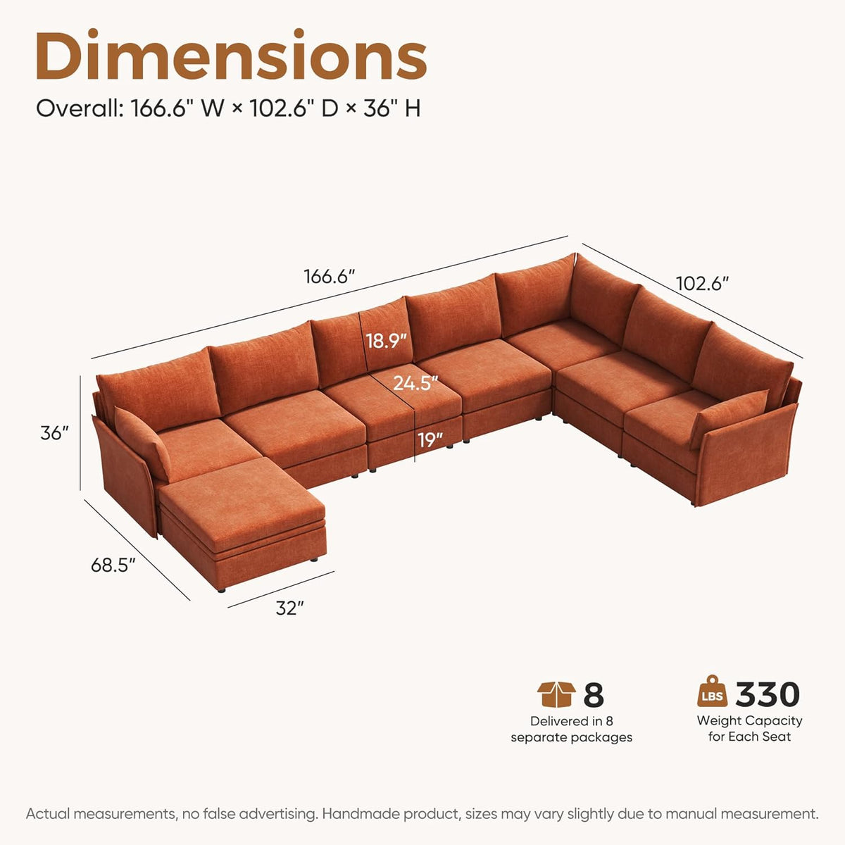 166.6" Oversized Modular Sectional Sofa, U Shaped Convertible Couch with Movable Ottoman, Large 8