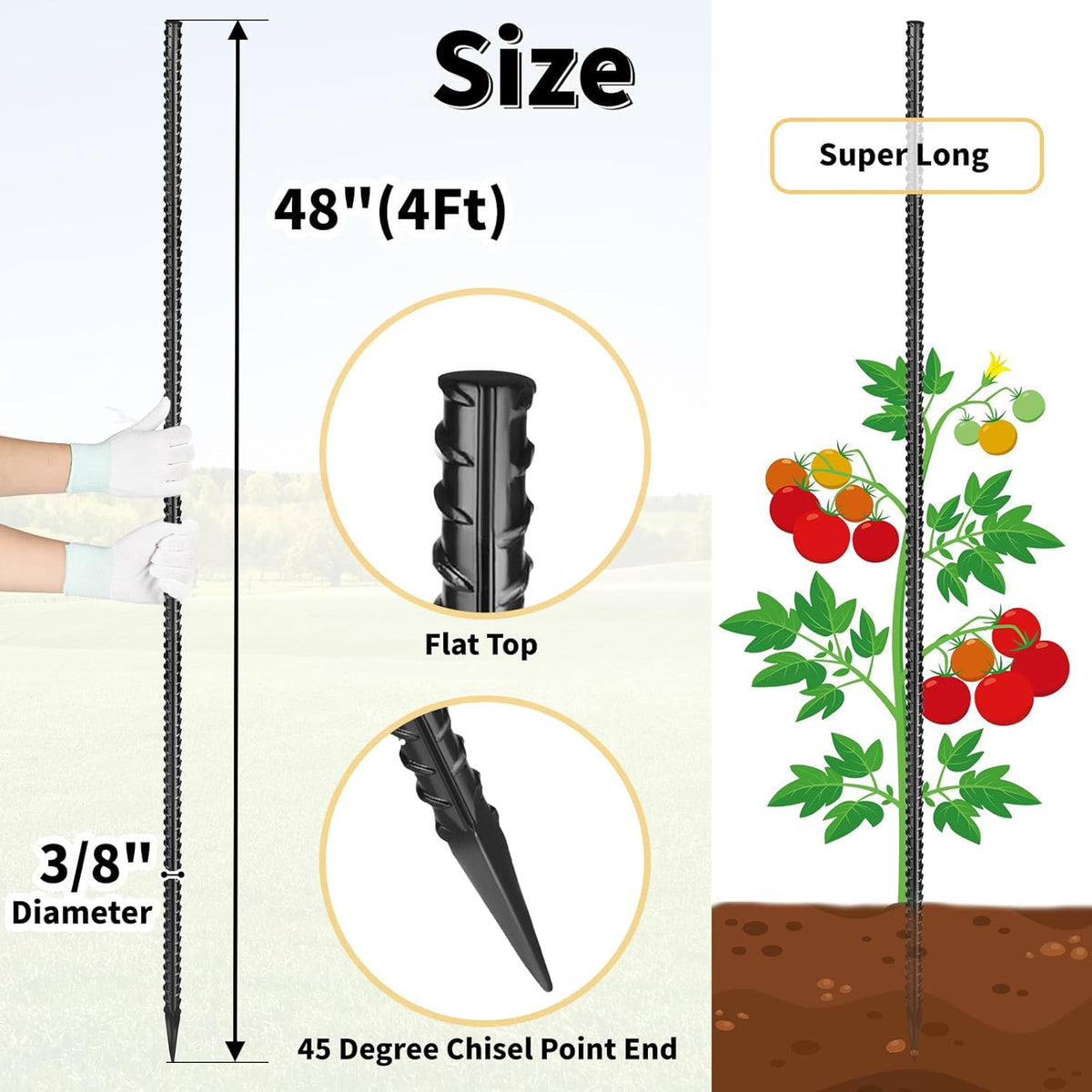 Rebar Stakes 48 inches 16-Pack Concrete Form Stakes Straight 3/8" Diameter Rebar Ground Metal