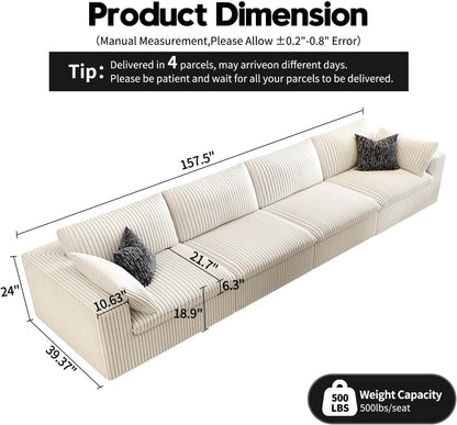 157.5" Cloud Couch Modular Sectional Sofa for Living Room,Modern Sofa with Deep Seat，4 Seater
