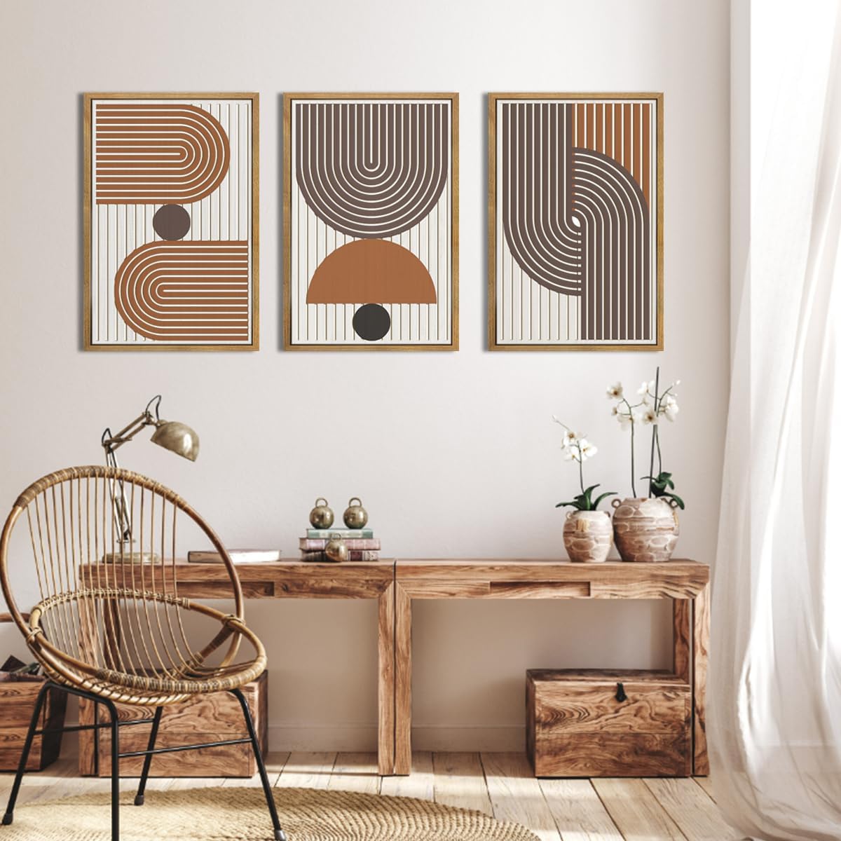 Mid Century Boho Modern Wall Art Set Abstract Geometric Wooden Wall Decor Minimalist Line Neutral