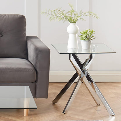 Modern Style Square Side Table with Tempered Glass Top and Metal Tubular Legs, Silver 20”Dx20”Wx22”H
