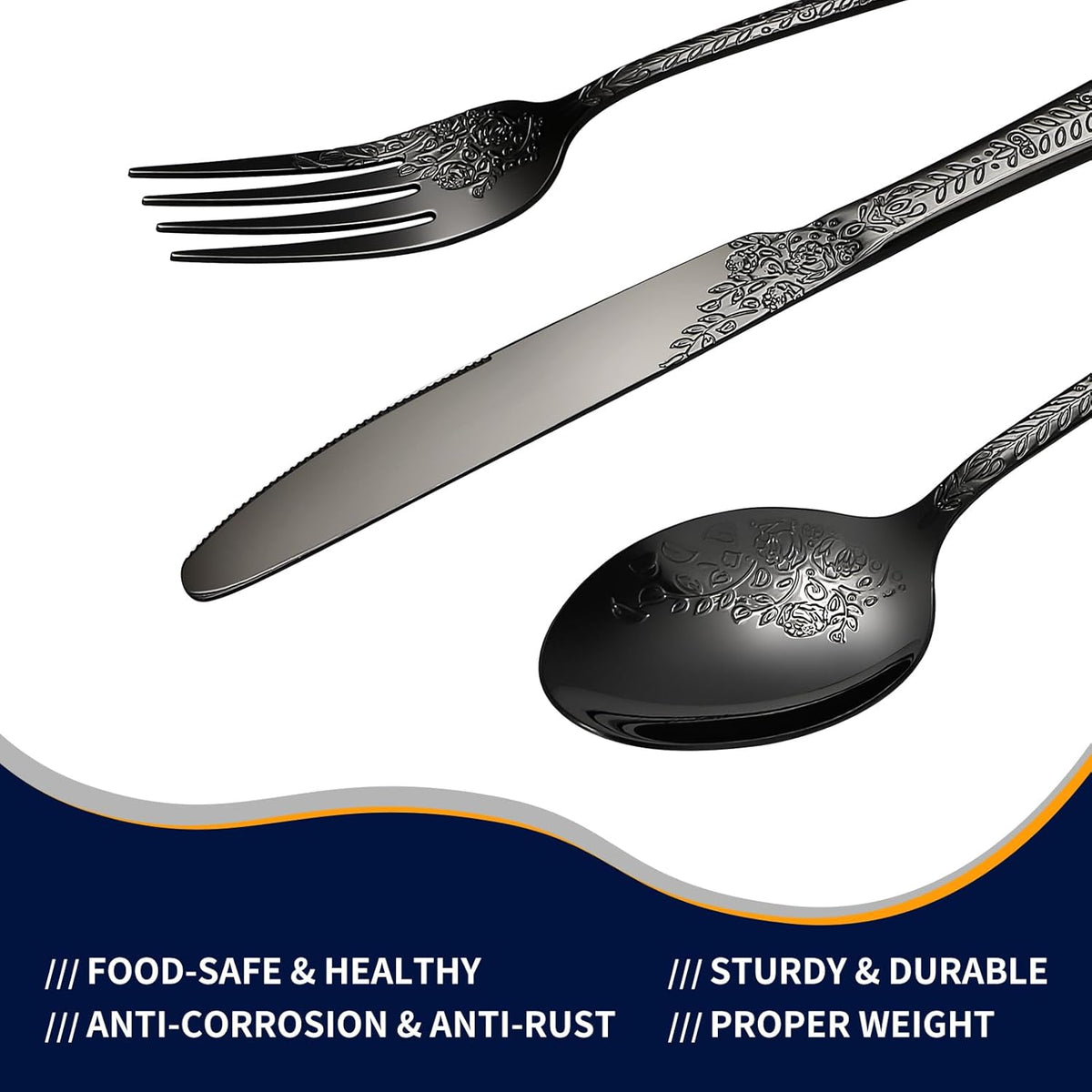 Floral 40 Pcs Black Silverware Set for 8, Food Grade Stainless Steel Flatware Set with Rose Flower