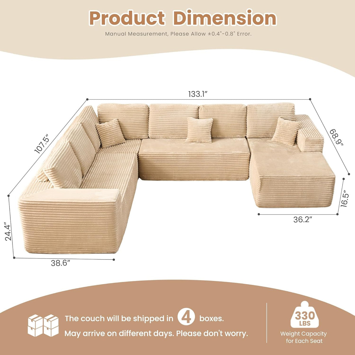 HOOOWOOO Cloud Sectional Couches for Living Room,Modular Sectional Sofa No Assembly,133X108 Inch