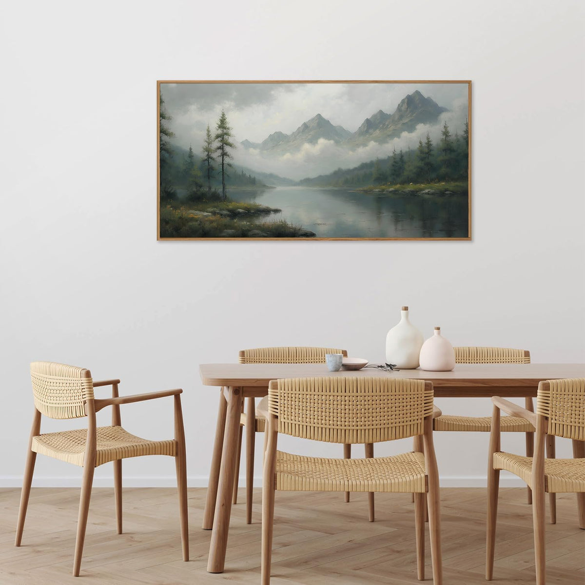 SIGNINART Large Misty Mountain Framed Canvas Wall Art, Green Forest River Scenery Wall Decor