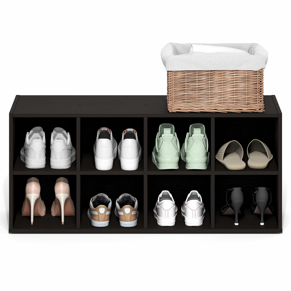 Furinno FANO 8-Cube Shoe Rack, Stackable Shoe Organizer, Dark Oak