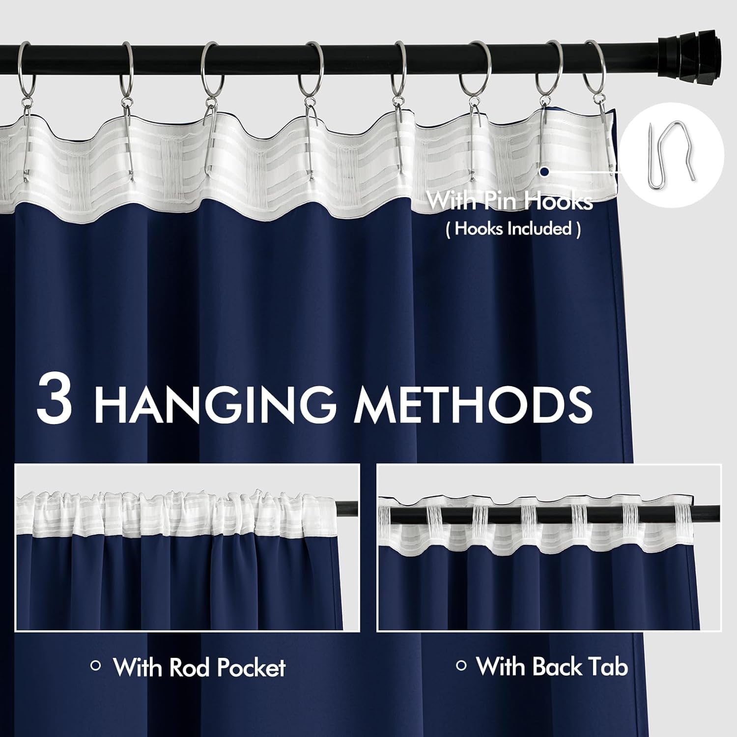 MIULEE Navy Blue Back Tab Blackout Curtains 90 Inches Long 2 Panels Set for Living Room Bedroom