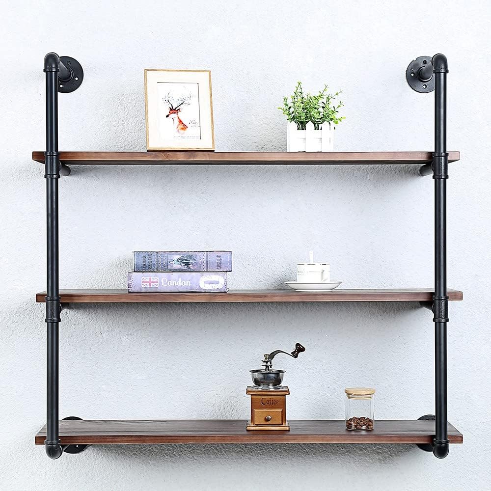 Industrial Pipe Shelving Wall Mounted,36in Rustic Metal Floating Shelves,Steampunk Real Wood Book