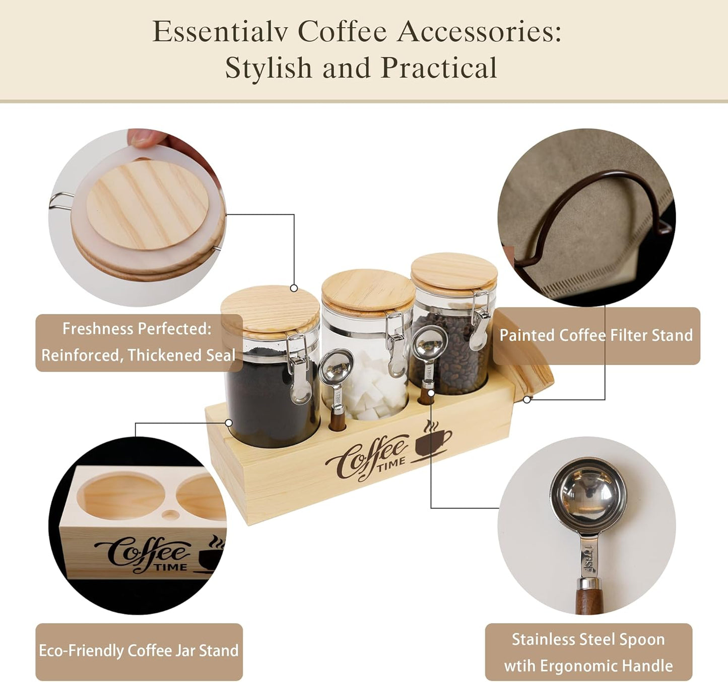 Glass Coffee Canister Set with Shelf & Spoons 3 Piece Coffee Containers for Ground Coffee Coffee
