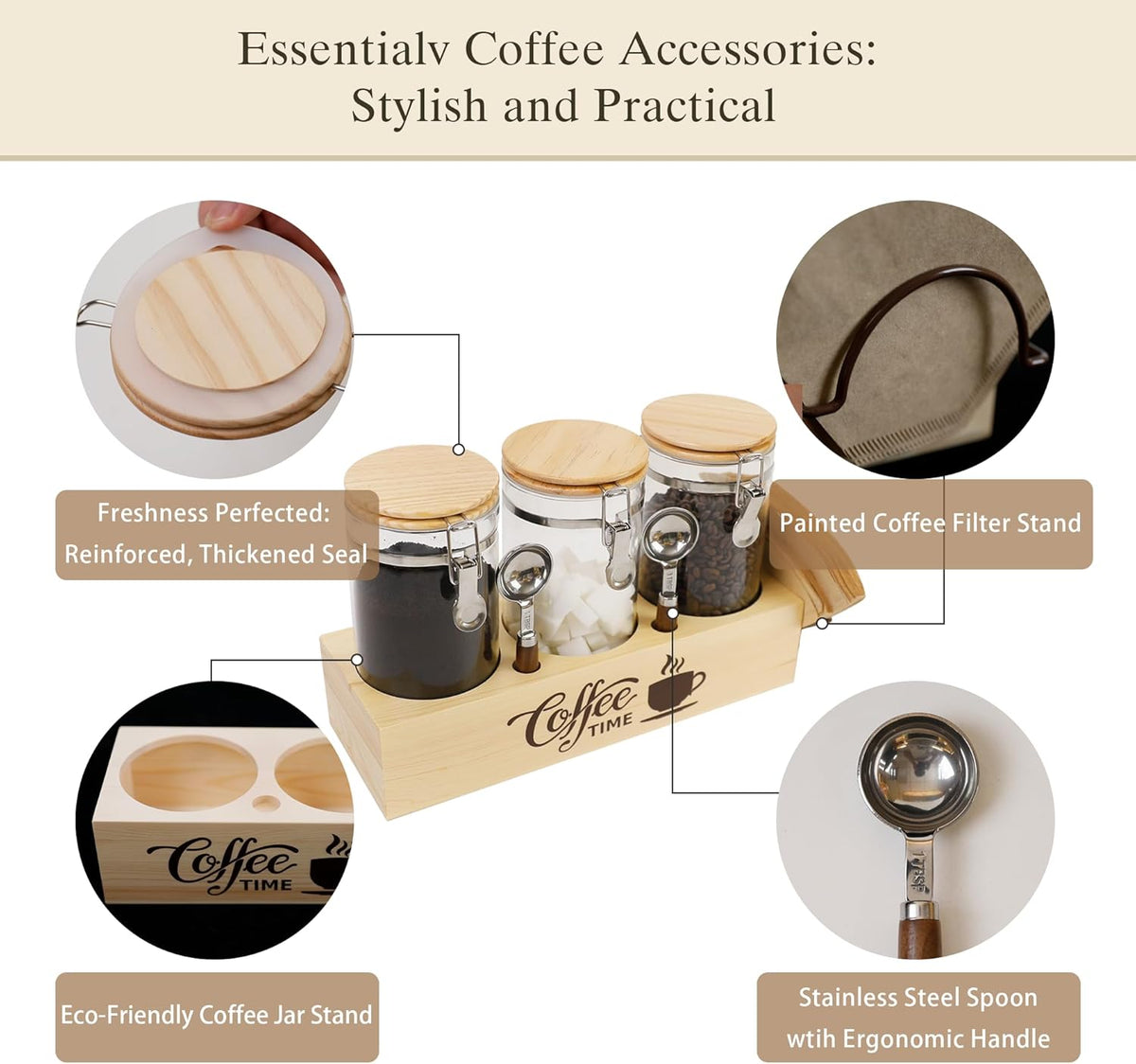 Glass Coffee Canister Set with Shelf & Spoons 3 Piece Coffee Containers for Ground Coffee Coffee