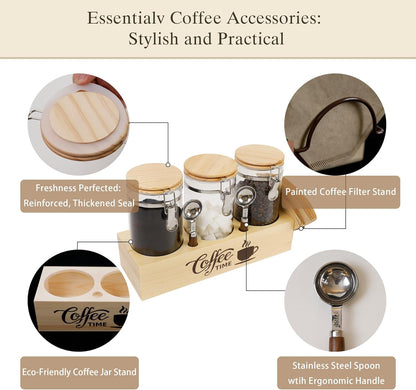 Glass Coffee Canister Set with Shelf & Spoons 3 Piece Coffee Containers for Ground Coffee Coffee