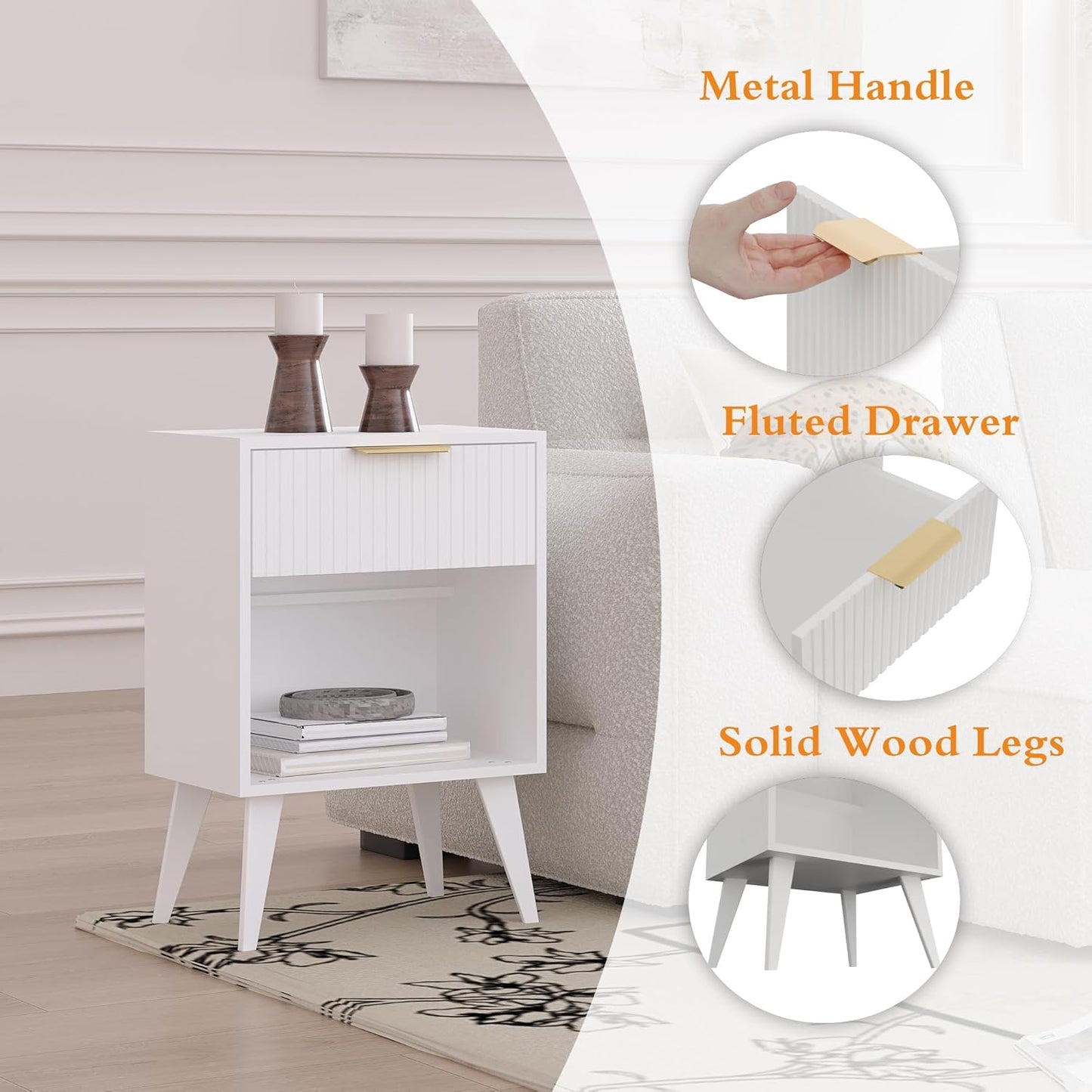 Fluted Night Stand with Opening Storage,Mid Century Bedside Table with Drawer,Modern Nightstand