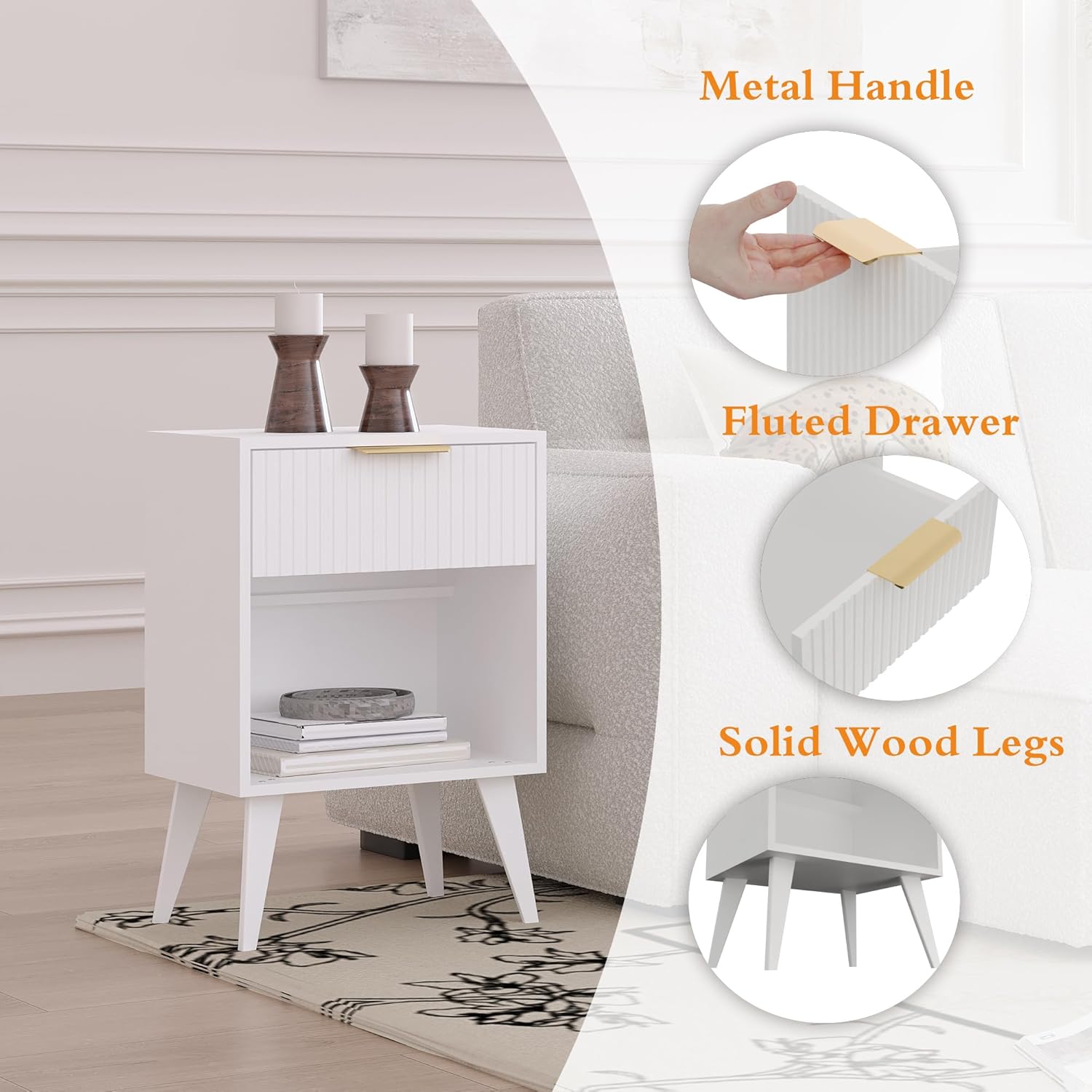 Fluted Night Stand with Opening Storage,Mid Century Bedside Table with Drawer,Modern Nightstand