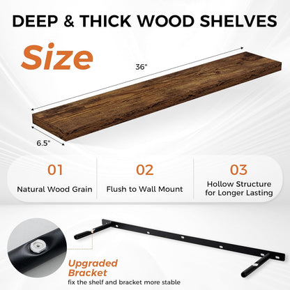 36Inch Floating Shelves for Wall 2 Pack Wood Shelves for Kitchen, Bathroom, Bedroom Wall Mounted