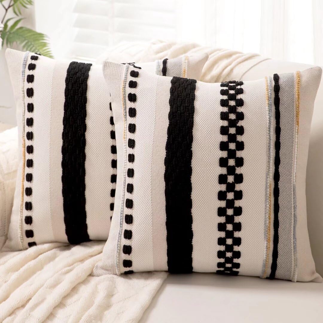 Boho Throw Pillow Covers 18x18 Set of 2 Farmhouse Decorative Cushion Case Striped Square Pillows